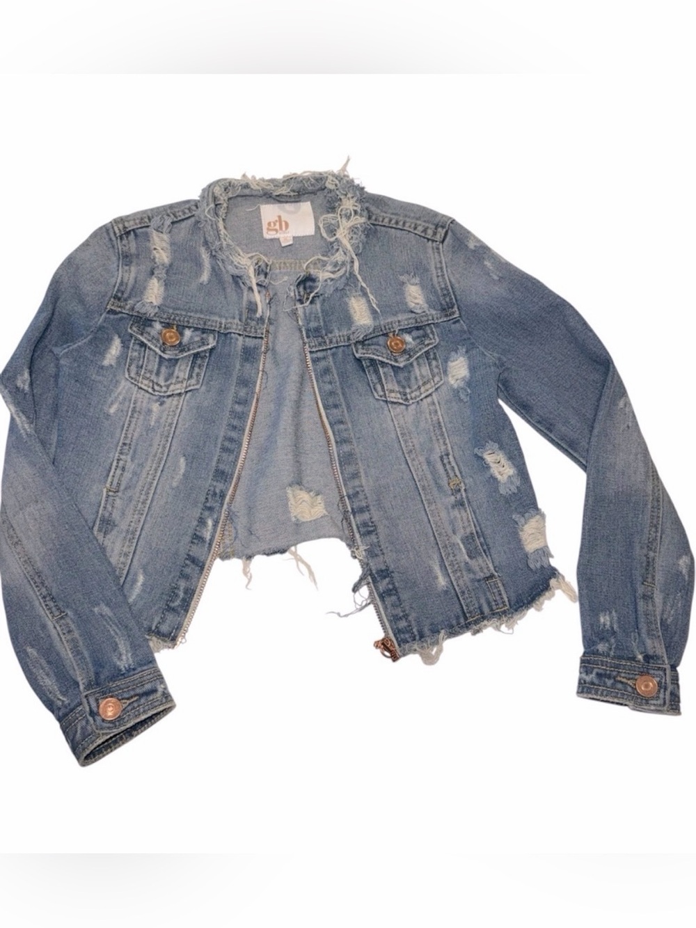 GB Girls Frayed Denim Blue Jean Crop Jacket Medium
